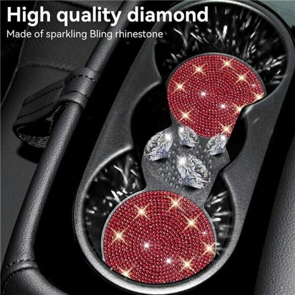 Car Cup Coasters Bling 2-Pack Universal Non-Slip Cup Holder Vehicle Diamond Red - Picture 5 of 7